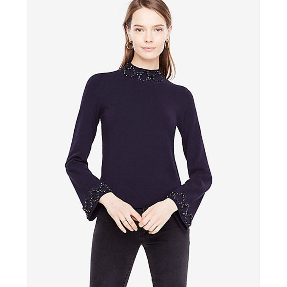 Ann Taylor Women's Night Sky Blue Embellished Mock Neck Sweater Size S
